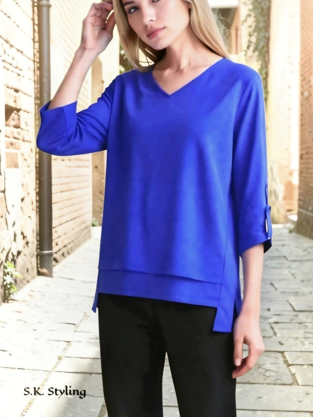 Ali Miles Blue Tunic Top L Pockets Roll-Tab Bracelet Sleeve Artsy Lagenlook